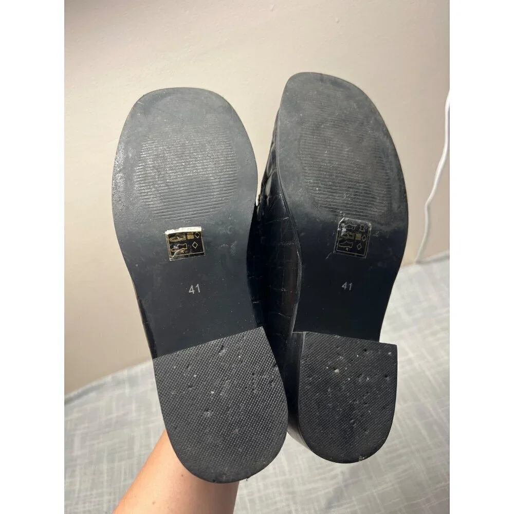 Topshop Womens Horse Bit Croc Embossed Black Heeled Leather Loafers Size 41 10.5